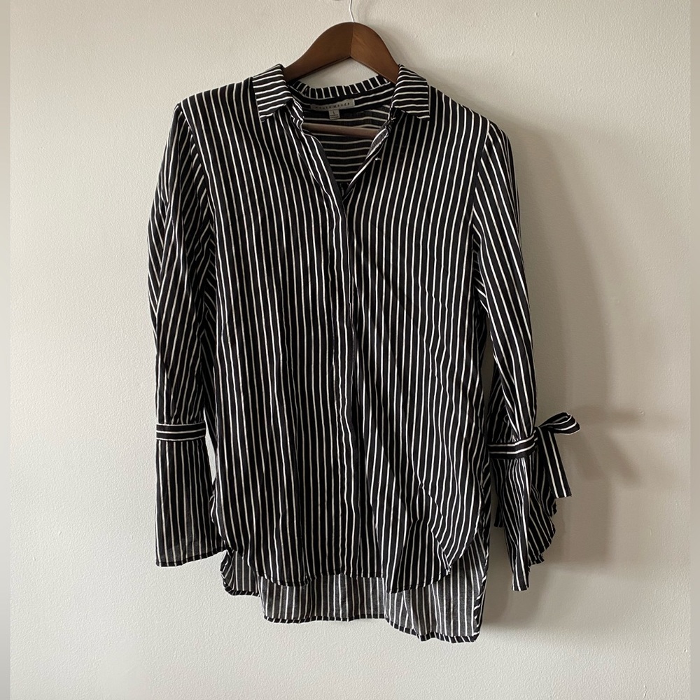Black & white striped button-down blouse with bow sleeves